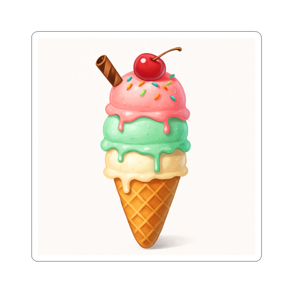 Ice Cream Cone Kiss-Cut Sticker — Cute Triple Scoop Dessert Decal