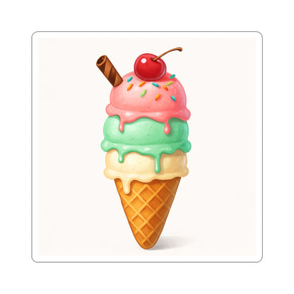 Ice Cream Cone Kiss-Cut Sticker — Cute Triple Scoop Dessert Decal