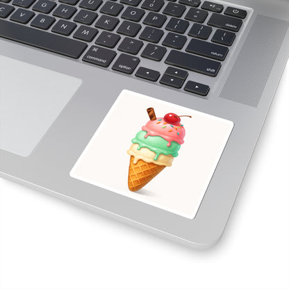 Ice Cream Cone Kiss-Cut Sticker — Cute Triple Scoop Dessert Decal